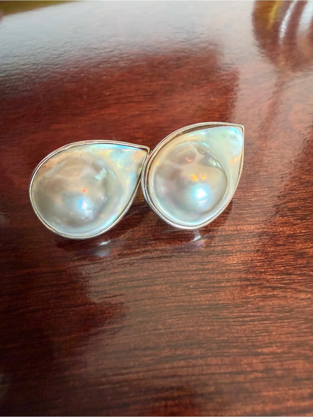 STERLING SILVER BLISTER PEARL PIERCED EARRINGS, VAR china 925 stamp vintage - Picture 4 of 7